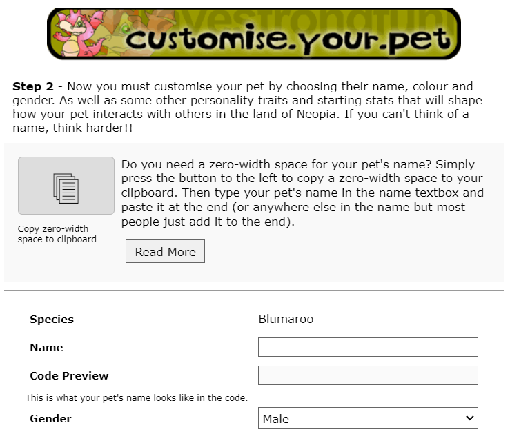 Screenshot of Zero-Width Space Button for the Create A Pet Page